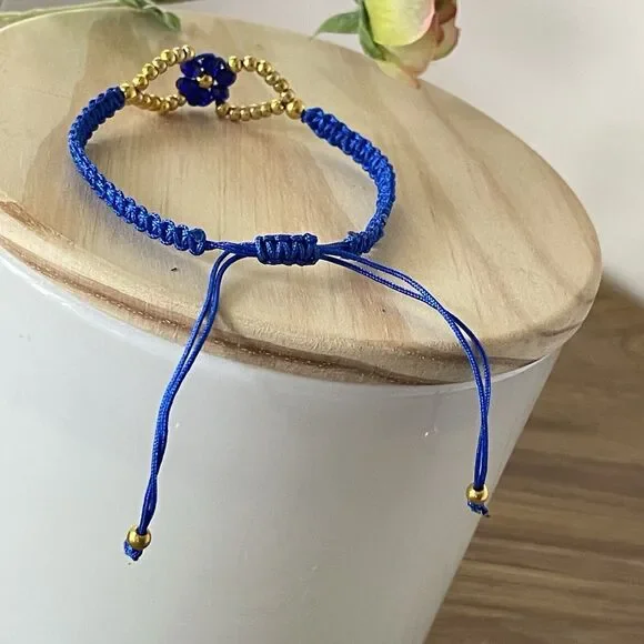 Handmade Blue Macrame Bracelet Gold Beads Flower Adjustable Boho Jewelry Gift - Picture 7 of 12